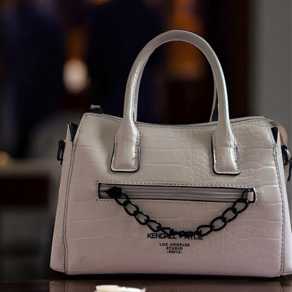 Kendall & Kylie Cream Croc-Embossed Satchel with Black Chain